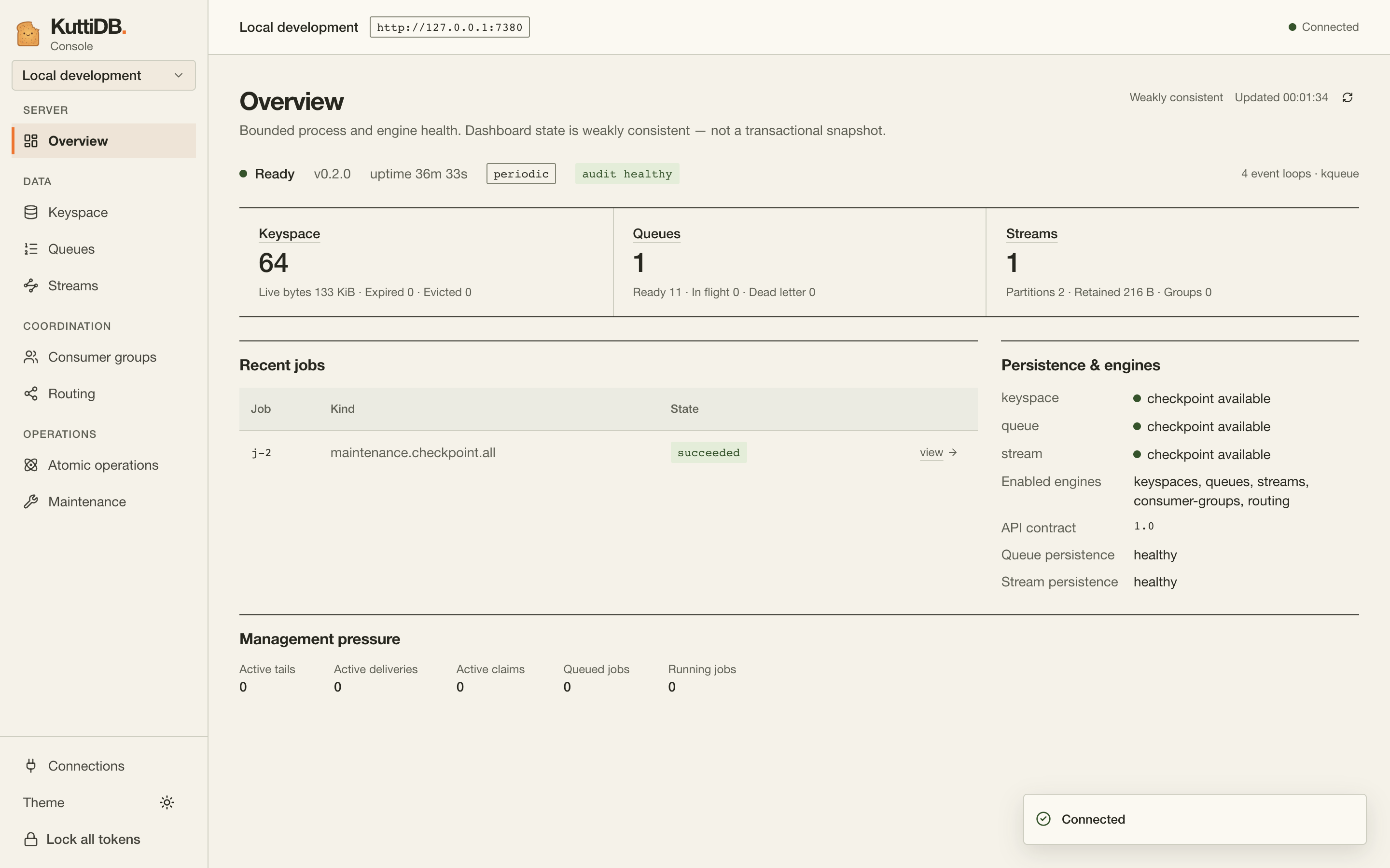 KuttiDB console overview showing keyspace, queue and stream summaries, recent jobs, and persistence status